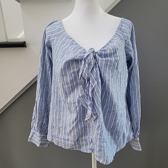 Free People Riviera Combo Blue Striped Tie Front Top Linen Blend Off Shoulder L - Picture 1 of 5